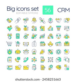 CRM RGB color icons set. Customer satisfaction management. Social marketing, sales forecasting. Isolated vector illustrations. Simple filled line drawings collection. Editable stroke