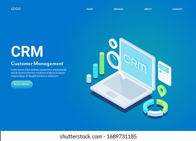 CRM-Software, Kundenmanagement, Business-Technologie, Informationstechnologie - konzeptionelle isometrische Landing-Page-Vektorillustration