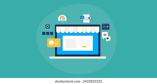 CRM software, Customer relationship management, Business using CRM software technology for managing sales and customers - vector illustration background with icons