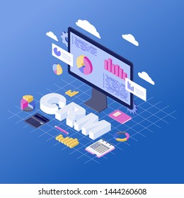 CRM software isometric vector illustration. Client data analytics and storage. Customer relationship management service, platform. Business automation. Sales, marketing statistics analyzing 3d concept