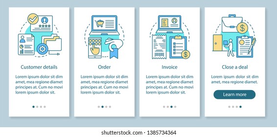 CRM software onboarding mobile app page screen with linear concepts. Customer detail, order, invoice walkthrough steps graphic instructions. Deal making. UX, UI, GUI vector template with illustrations