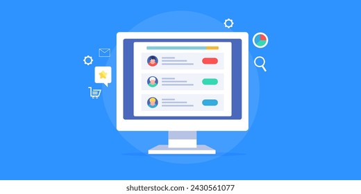 CRM software, Software as a service, customer relationship management, Business using CRM for customer communication - vector illustration banner with icons