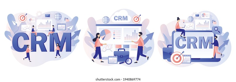 CRM solution. Customer relationship management concept. Business strategy. Tiny businessman perform data analysis. Modern flat cartoon style. Vector illustration on white background