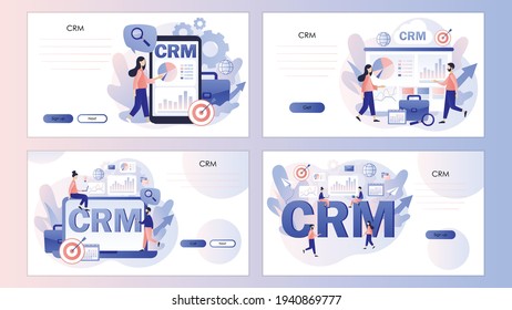 CRM solution. Customer relationship management concept. Business strategy.  Screen template for mobile smart phone, landing page, template, ui, web, mobile app, poster, banner, flyer. Vector 