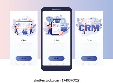 CRM solution. Customer relationship management concept. Business strategy. Tiny businessman perform data analysis.Screen template for mobile smart phone. Modern flat cartoon style. Vector illustration