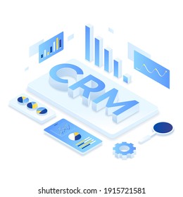 Concepto de ilustración isométrica de solución CRM. Ilustración de sitios web, páginas de aterrizaje, aplicaciones móviles, carteles y banners