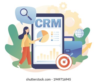 CRM solution in smartphone app. Customer relationship management concept. Business strategy. Tiny businessman perform data analysis. Modern flat cartoon style. Vector illustration on white background