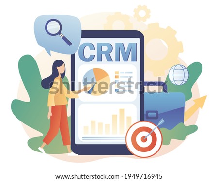 CRM solution in smartphone app. Customer relationship management concept. Business strategy. Tiny businessman perform data analysis. Modern flat cartoon style. Vector illustration on white background