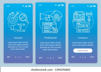CRM subscription onboarding mobile app page screen vector template. Walkthrough website steps with linear illustrations. Standard or professional tariffs. UX, UI, GUI smartphone interface concept
