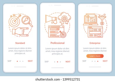 CRM subscription onboarding mobile app page screen with linear concepts. Standard or enterprise tariffs. Three walkthrough steps graphic instructions. UX, UI, GUI vector template with illustrations