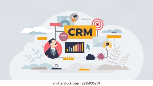 CRM system or business customer relationship management tool tiny person concept. Sales control and monitoring software with client database, purchases or information about process vector illustration