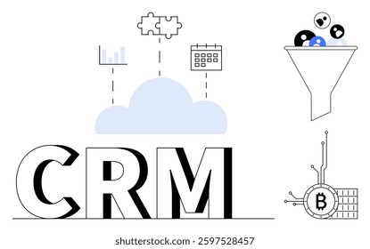 CRM system, cloud, puzzle pieces, graph, calendar, funnel, cryptocurrency network. Ideal for data management, business integration, cloud solutions, cryptocurrency trends digital marketing Modern