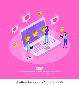 CRM system composition with customers laptop elements of loyalty and rating on pink background isometric vector illustration