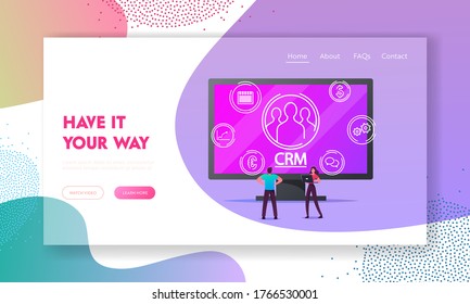 Crm System, Customer Relationship Management Landing Page Template. Business Development, Tiny Characters Analysing Clients Profile and Database at Huge Computer. Cartoon People Vector Illustration