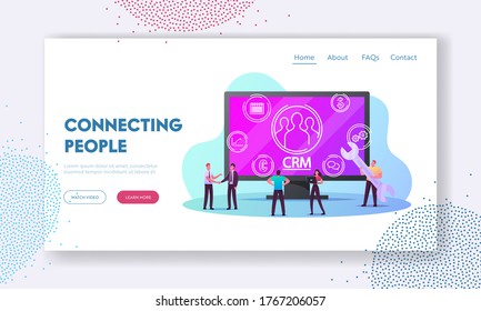 Crm System, Customer Relationship Management Landing Page Template. Tiny Characters Analysing Clients Profile and Database at Huge Computer, Business Development. Cartoon People Vector Illustration