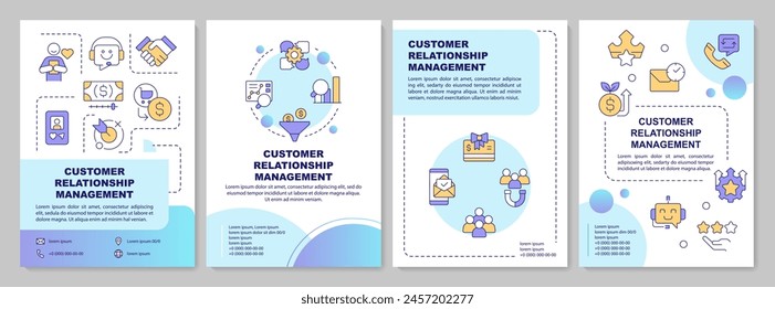CRM system features blue gradient brochure template. Leaflet design with linear icons. Editable 4 vector layouts for presentation, annual reports