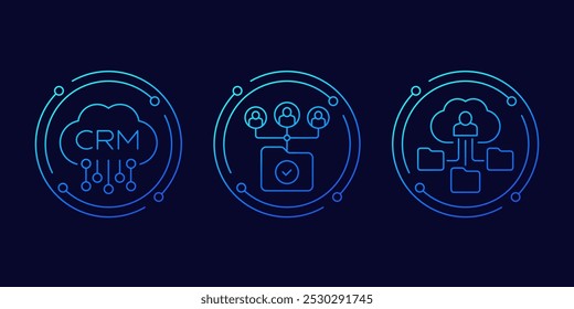 Ícones do sistema CRM com clientes e nuvem, design linear