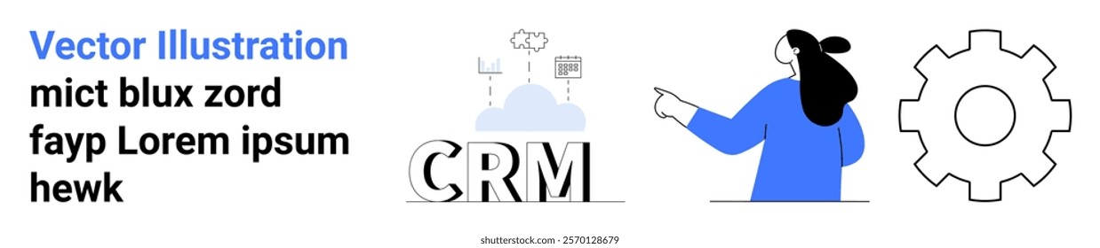 CRM system representation showing a cloud with data storage and processing, a businesswoman pointing, and a gear icon. Ideal for business management tools, cloud services, data analytics, customer