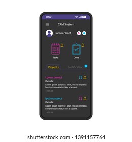 CRM System Smartphone Interface Vector Template. Mobile App Page Black Design Layout. Project, Tasks Screen. Flat UI For Small Business Organization Application. Interactive Management Phone Display