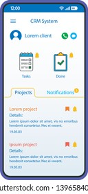 CRM System Smartphone Interface Vector Template. Mobile App Page White Design Layout. Project, Tasks Screen. Flat UI For Small Business Organization Application. Interactive Management Phone Display