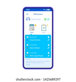 CRM system smartphone interface vector template. Mobile customer manager app page blue design layout. Client management software screen. Flat UI for application. Business organizer. Phone display