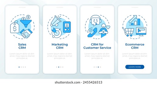 CRM system types blue onboarding mobile app screen. Walkthrough 4 steps editable graphic instructions with linear concepts. UI, UX, GUI template. Montserrat SemiBold, Regular fonts used
