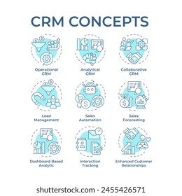 CRM system types soft blue concept icons. Customer management, sales automation. Business intelligence. Icon pack. Vector images. Round shape illustrations for infographic. Abstract idea