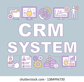 CRM system word concepts banner. Client identity. Customer database. Computer software. Presentation, website. Isolated lettering typography idea with linear icons. Vector outline illustration