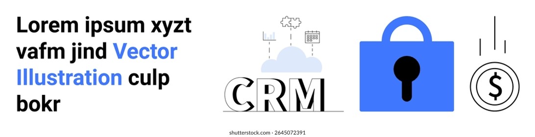 El texto de CRM con iconos de nube y gráficos, candado azul y símbolo de moneda que cae reflejan las operaciones comerciales, la seguridad y el crecimiento financiero. Ideal para herramientas de negocio, seguridad cibernética, gestión financiera