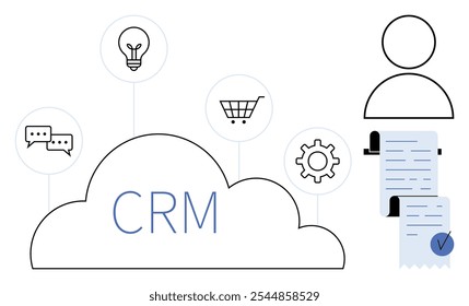 Texto do CRM em uma nuvem cercada por um carrinho de compras, lâmpada, bolhas de chat e ícones de engrenagens. Inclui CV com símbolo humano. Ideal para gerenciamento de negócios, relações com clientes, organização de dados