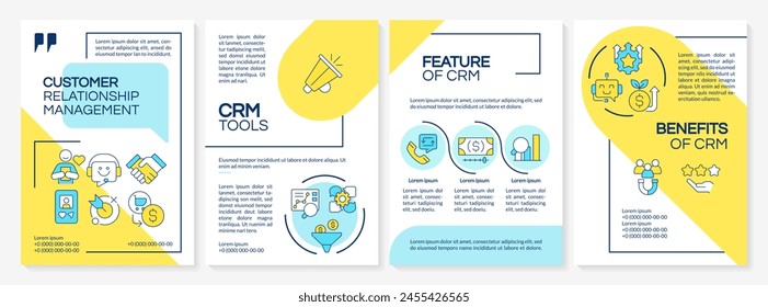 CRM tool types blue and yellow brochure template. Business statistics. Leaflet design with linear icons. Editable 4 vector layouts for presentation, annual reports. Questrial, Lato-Regular fonts used