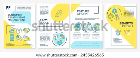 CRM tool types blue and yellow brochure template. Business statistics. Leaflet design with linear icons. Editable 4 vector layouts for presentation, annual reports. Questrial, Lato-Regular fonts used