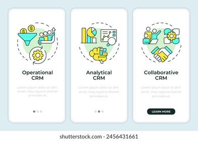 CRM tool types onboarding mobile app screen. Business automation. Walkthrough 3 steps editable graphic instructions with linear concepts. UI, UX, GUI template