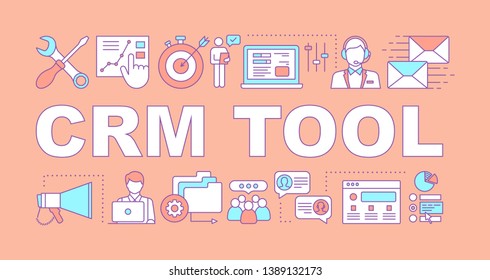 CRM tool word concepts banner. Customer details database. Client identity. Purchase history. Presentation, website. Isolated lettering typography idea with linear icons. Vector outline illustration