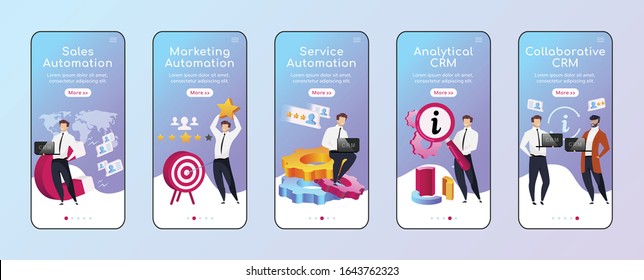 CRM types and advantages onboarding mobile app screen flat vector template. Sales automation. Walkthrough website steps with characters. UX, UI, GUI smartphone cartoon interface, case prints set