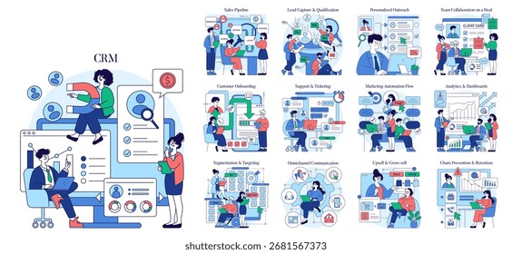 CRM vector illustration showcasing multiple business strategy concepts such as sales pipeline, customer onboarding, marketing automation, and team collaboration with various actions depicted.