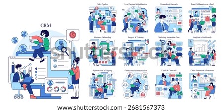 CRM vector illustration showcasing multiple business strategy concepts such as sales pipeline, customer onboarding, marketing automation, and team collaboration with various actions depicted.