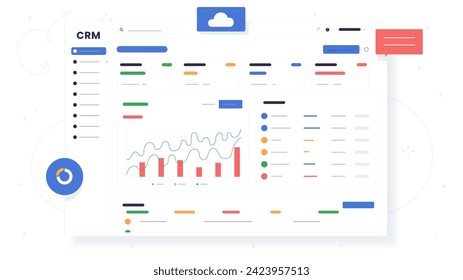 CRM Website-Template-Konzept. Kundenbeziehungsmanagement. Analyse von Informationen über das Verhalten des Benutzers. Förderung von Webseiten für Suchsysteme. Cartoon-Flavektor-Vektorgrafik