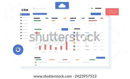 CRM website template concept. Customer relationship management. Analyzing information about user behavior. Promotion of webpage for searching systems. Cartoon flat vector illustration
