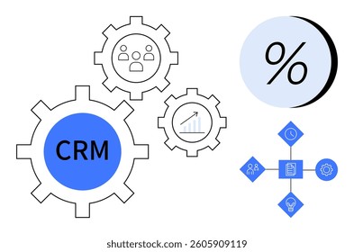 CRM within gears, symbols showing user management, data analysis, percentage, and interconnected elements. Ideal for business, technology, marketing, sales, customer service, productivity, and data