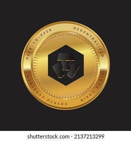 CRO Cryptocurrency logo in black color concept on gold coin. Cronos Coin Block chain technology symbol. Vector illustration.