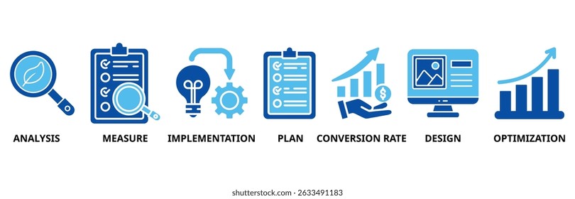 La ilustración del conjunto de iconos CRO contiene análisis, medida, implementación, Plan, tasa de conversión, diseño y optimización.