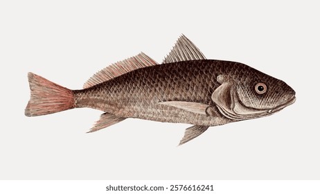 Croaker fish, vintage illustration isolated on white, vector. Vintage fish illustration, hand draw art element. Drawing of fish, vector.