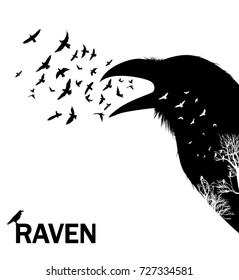 Croaking crow or raven. Vector illustration with double exposure effect.