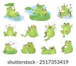 Croaking frogs. Cartoon frog or toad funny cute characters, swamp froglets hop pose froggy pond comic mascot set, green toads aquatic amphibian tongue swanky vector illustration original artwork