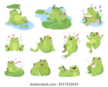 Ranas croando. Dibujos animados rana o sapo divertidos personajes lindos, sapos de pantano hop pose froggy estanque comic mascot set, sapos verdes lengua de anfibio acuático swanky Ilustración vectorial obra de arte original