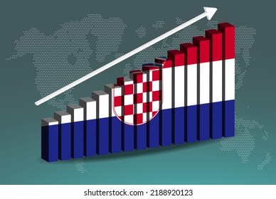 Croatia 3D bar chart graph vector, upward rising arrow on data, country statistics concept, Croatia country flag on 3D bar graph, increasing values, news banner idea