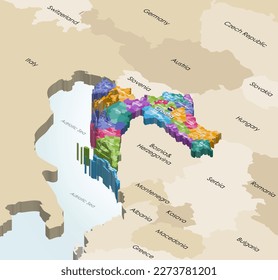 Croatia administrative districts 3d (isometric) vector map colored by regions with neighbouring countries