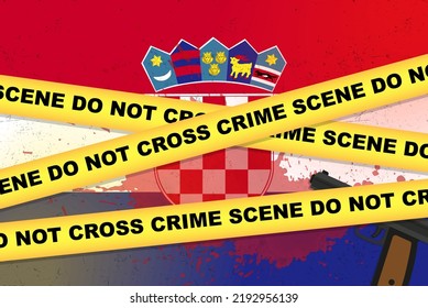 Banner vectorial de ataque armado en Croacia, concepto de tiroteo, asalto armado con arma y mancha de sangre en la bandera de Croacia, cinta amarilla de la policía, composición de escena del crimen, vista superior, diseño plano