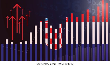 Croacia gráfico de barras con altibajos, valores crecientes, bandera del país de Croacia en el gráfico de barras, flecha ascendente hacia arriba en los datos, idea de Anuncio de noticias, concepto de país en desarrollo